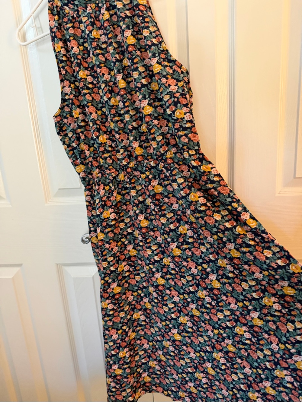 Sleeveless Navy Floral Midi Dress with Pink & Yellow Blooms